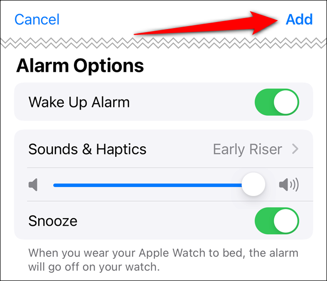 Ajuste las "Opciones de alarma" y luego toque "Agregar".