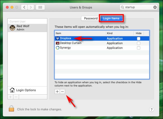 En "Elementos de inicio de sesión", seleccione "Dropbox" de la lista y haga clic en el botón "menos" en Mac.