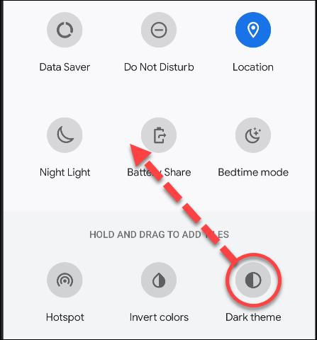 coloque o bloco de modo escuro em configurações rápidas