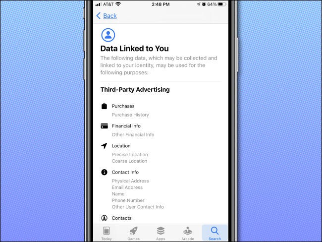 Un ejemplo de la página de detalles de privacidad de la aplicación en la tienda de aplicaciones de iPhone.