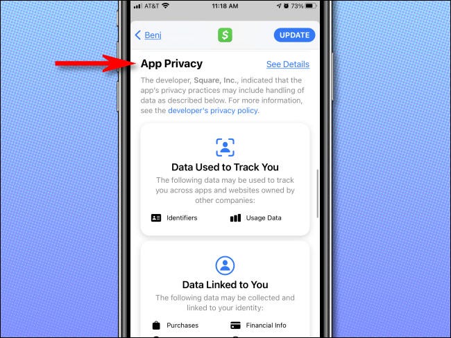 los "Privacidad de la aplicación" en la lista de la App Store de una aplicación en iPhone.