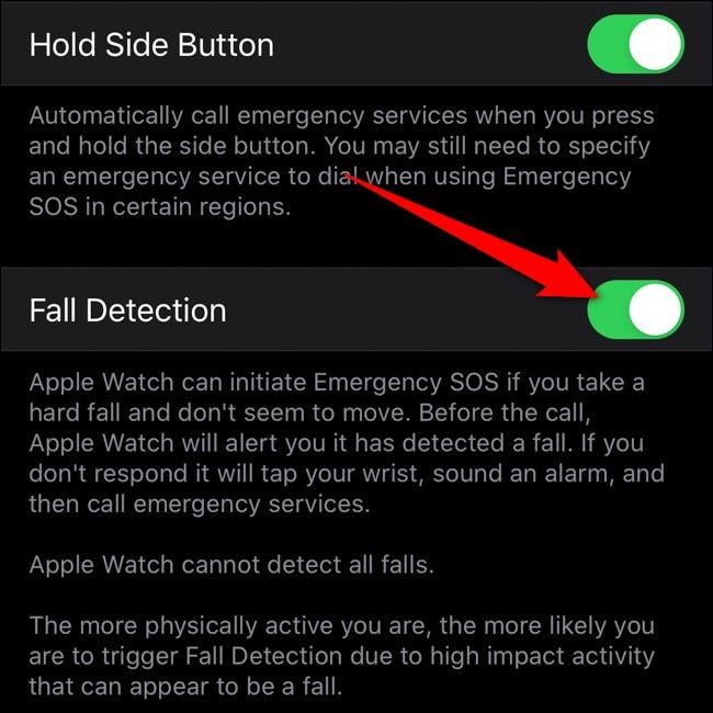 Application Apple iPhone Watch Basculer la détection de chute