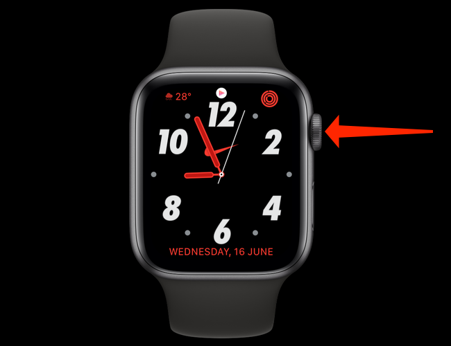Presione la corona digital, que es el gran botón circular con forma de esfera que se encuentra en el costado del Apple Watch.