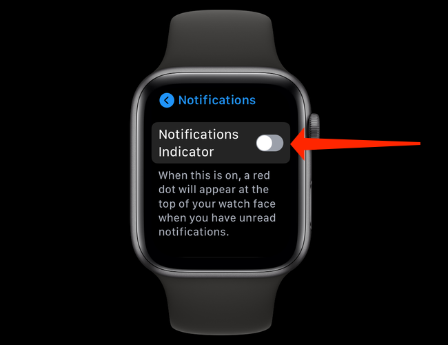Apaga el interruptor junto a "Indicador de notificaciones" para ocultar el punto rojo en tu Apple Watch.