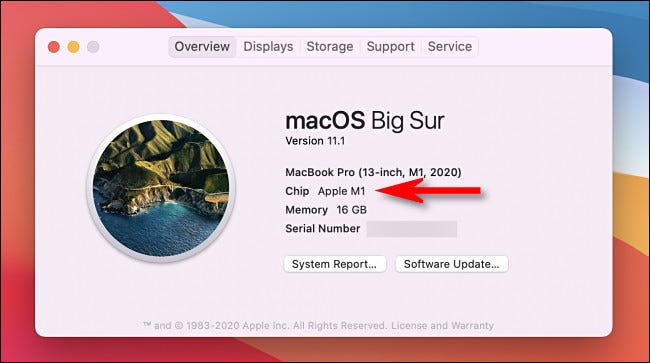 Nella sezione "A proposito di questo Mac"" finestra, vedrai la GPU elencata "Chip" en un Apple Silicon Mac.