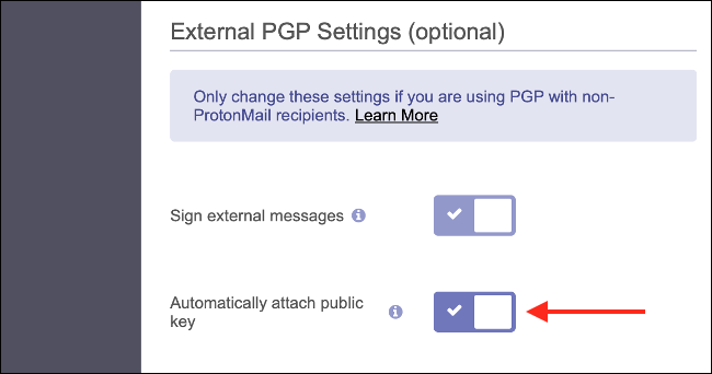 Adjunte automáticamente la clave pública a los mensajes ProtonMail salientes