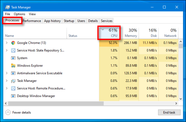 In Task Manager in Windows 10, seleziona la scheda 