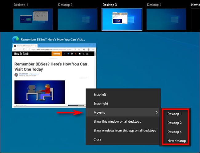 En la Vista de tareas en Windows 10, haga clic con el botón derecho en una miniatura de la ventana y seleccione "Mover a".