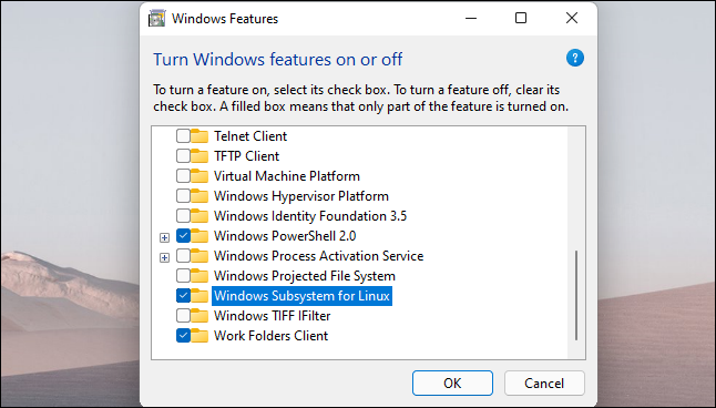 Habilite la opción "Subsistema de Windows para Linux" y haga clic en "Aceptar".