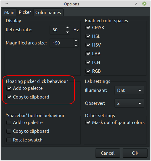 Configuración de opciones en Gpick para permitir agregar códigos de colores hexadecimales a la paleta y al portapapeles