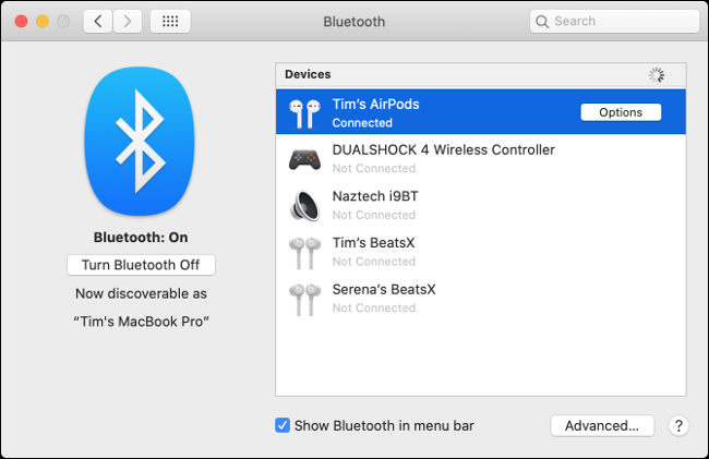 La lista "Dispositivos" en el menú "Bluetooth".