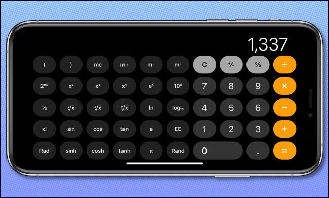 La aplicación iPhone Calculator en una orientación horizontal, mostrando el modo científico.