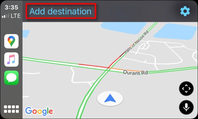 Toque "Agregar destino" en Google Maps para CarPlay en iPhone.