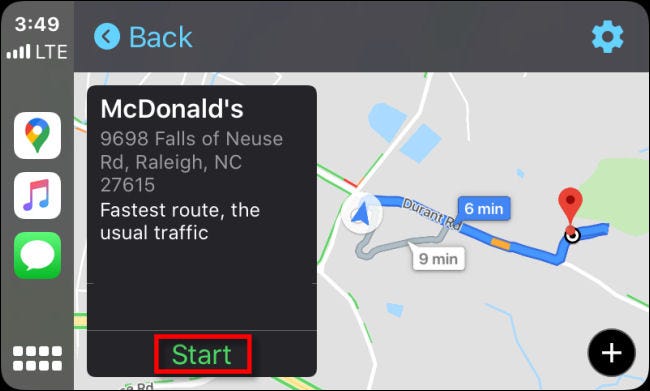 Toque "Inicio" para iniciar la ruta en Google Maps para CarPlay en iPhone.