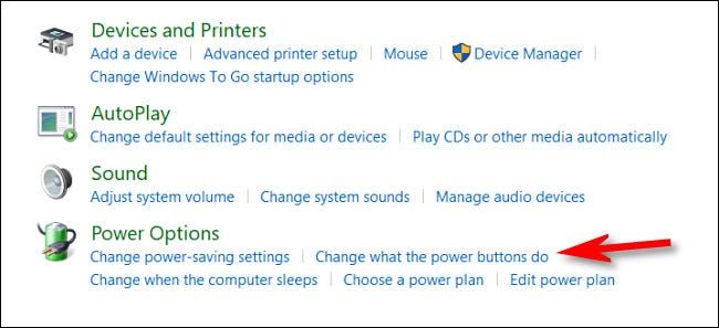 En Hardware y sonido, haga clic en "Cambiar lo que hacen los botones de encendido".