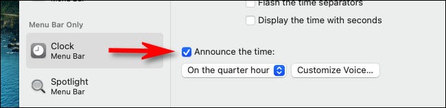 En las preferencias de "Reloj", coloque una marca de verificación junto a "Anunciar la hora".