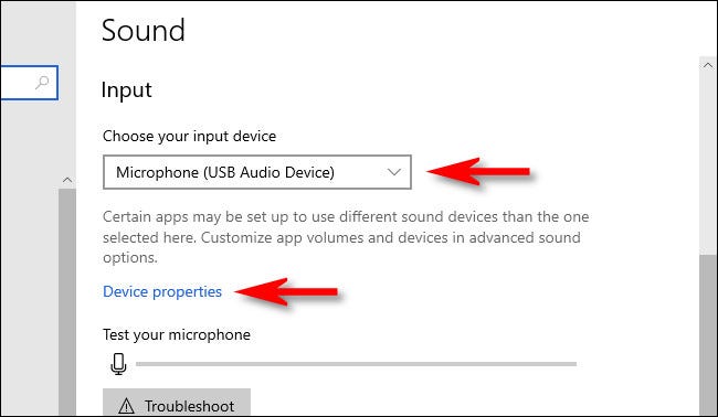 En la configuración de Windows 10, elija el micrófono y luego seleccione "Propiedades del dispositivo".