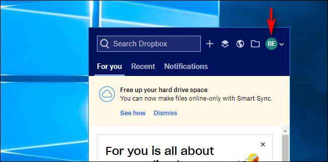 Klicken Sie auf Avatar in Dropbox unter Windows 10