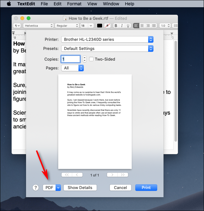 Haga clic en el menú desplegable PDF en macOS