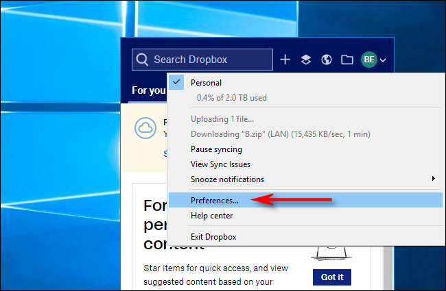 Click Preferences in Dropbox for Windows