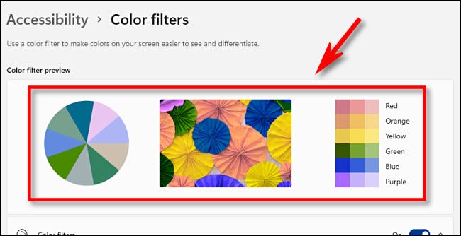 Obtenga una vista previa de los filtros de color utilizando el área de vista previa del filtro de color cerca de la parte superior de la página de configuración.