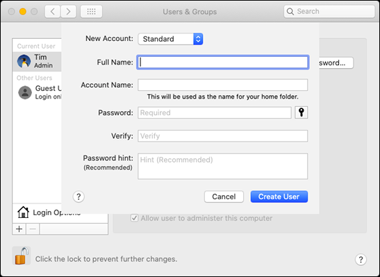 El formulario "Usuarios y grupos" en "Preferencias del sistema" en una Mac.