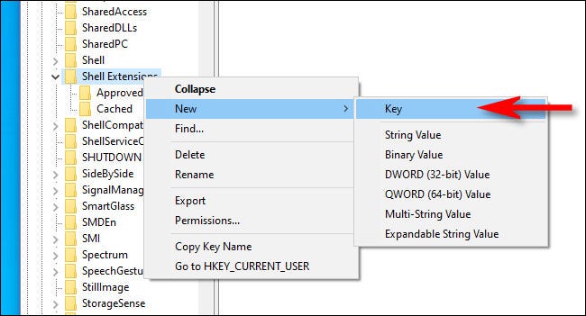 Haga clic con el botón derecho en "Extensiones de Shell" y cree una nueva clave.