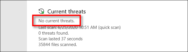 Sin amenazas actuales en Microsoft Defender en Windows 10