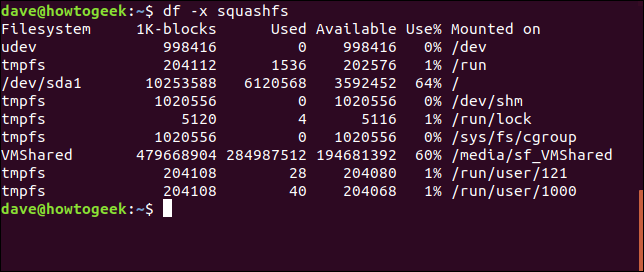 Salida del comando df con opciones df -x squashfs