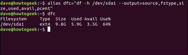 Creando un alias con el comando alias dfc = "df -h / dev / sda1 --output = source, fstype, size, used, avail, pcent"