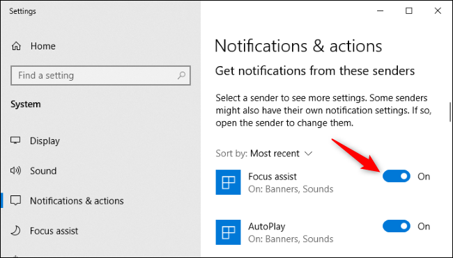 Desactivación de notificaciones para una aplicación en la configuración de Windows 10.