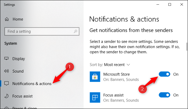 Deshabilitar las notificaciones de Microsoft Store en la aplicación Configuración.