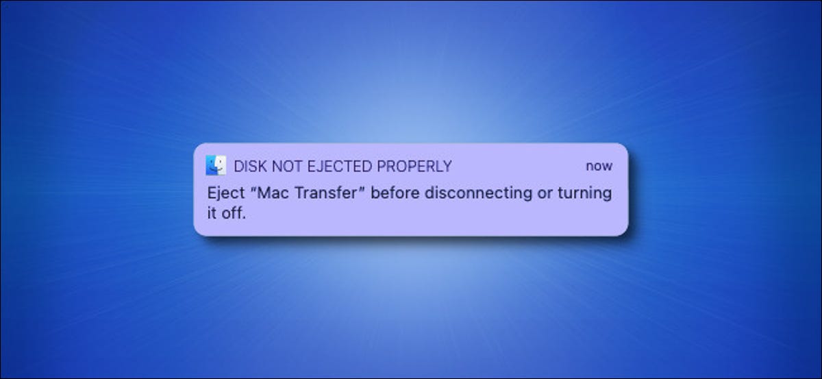 El mensaje de advertencia "Disco no expulsado correctamente" de Apple Mac sobre un fondo azul.
