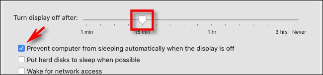 En Preferencias de ahorro de energía en Mac, configure el tiempo de suspensión de la pantalla en el control deslizante y luego marque la casilla a continuación.