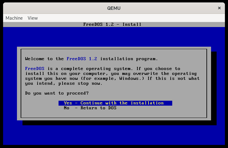 Iniciar el instalador de FreeDOS 1.2 en QEMU