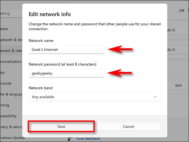 Edite la configuración de red de su punto de acceso móvil y haga clic en "Guardar".