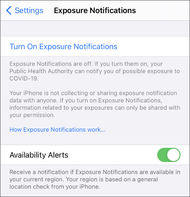 La configuración de alertas de disponibilidad para notificaciones de exposición COVID-19 en iPhone.