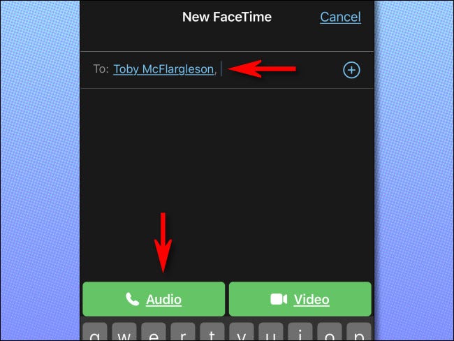 En FaceTime en iPhone, ingrese el nombre o número de la persona, luego escriba "Audio."