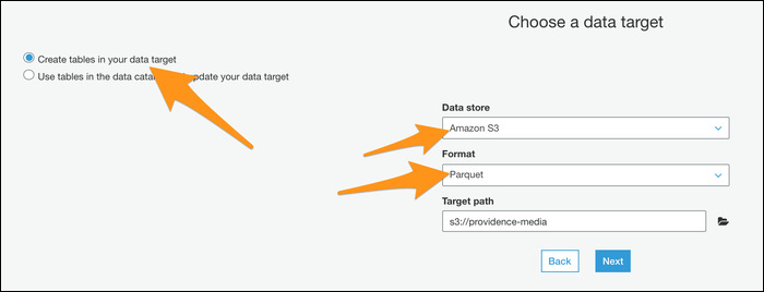 Elija un destino de datos seleccionando "Crear tablas en su destino de datos", especificando Parquet como formato e ingresando una nueva ruta de destino.
