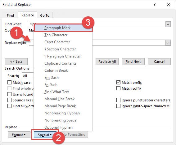 haga clic en el cuadro reemplazar con y luego use el menú especial para insertar una sola marca de párrafo allí 
