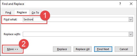 escriba "sección" en el cuadro de búsqueda y luego haga clic en más