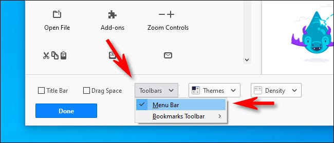 En la pestaña Personalizar de Firefox, haz clic en el botón "Barras de herramientas" y selecciona "Barra de menú".
