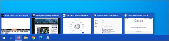 Un ejemplo de miniaturas de vista previa de la pestaña de la barra de tareas de Firefox en Windows 10.