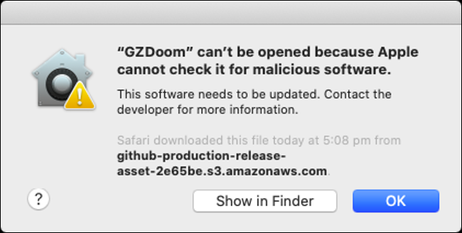 Una alerta de que Gatekeeper bloqueó "GZDoom".