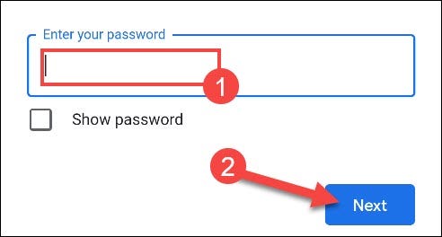 entrez le mot de passe et appuyez sur suivant