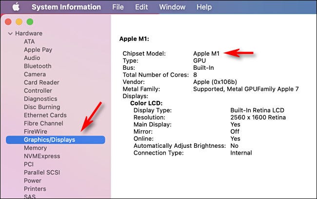 Informazioni grafiche dettagliate nell'applicazione System Information su un Apple Silicon Mac.