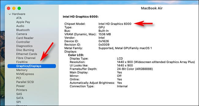 Informazioni grafiche dettagliate nell'applicazione System Information su un Mac Intel.