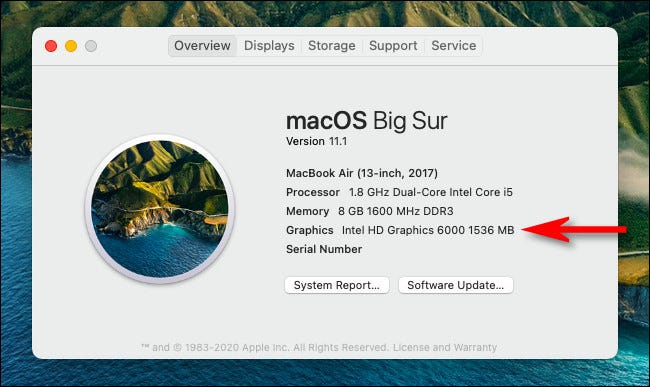 Su un Mac Intel, vedrai la GPU nell'elenco "Grafica"" in & quot; Informazioni su questo Mac" finestra.