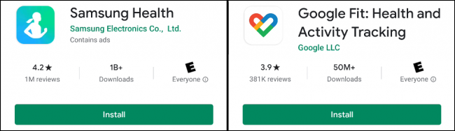 Las aplicaciones "Samsung Health" y "Google Fit" en la tienda Google Play.