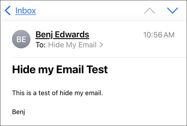 Un mensaje de prueba "Ocultar mi correo electrónico".